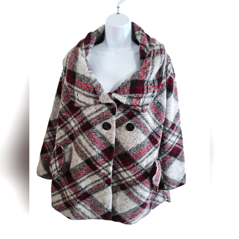New Collection Italy Women M Red Plaid Wool Blend Coat Mod Oversized Collar Rare - Picture 2 of 7